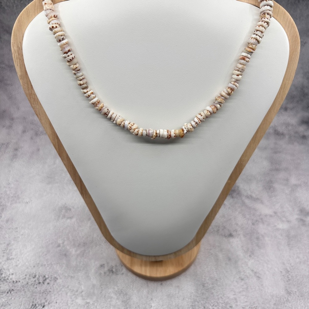 Puka Shell Necklace White Brown Spotted Beads Beach Boho Surfer Vintage Jewelry